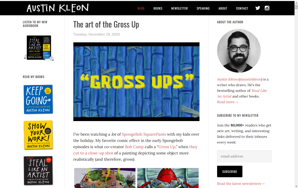 A screenshot of Austin Kleon books on his author website home page.