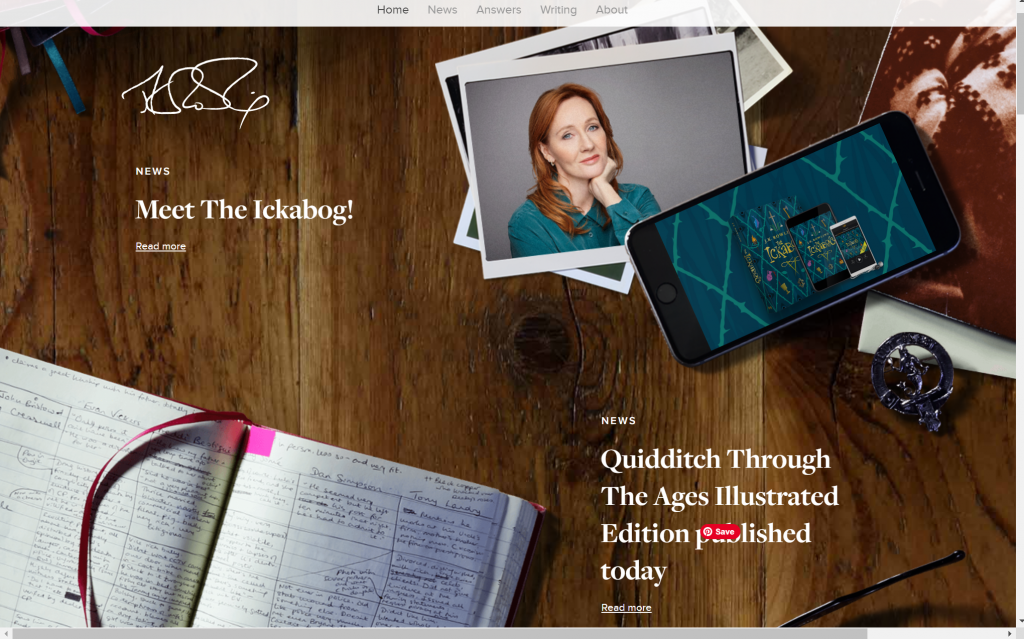 A screenshot of JK Rowling books and news on her author website.