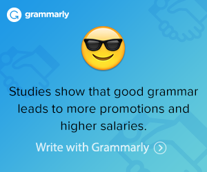 A blue card with a smiling emoji and words that say, "Studies show that good grammar leads to more promotions and higher salaries." Click to write with Grammarly.
