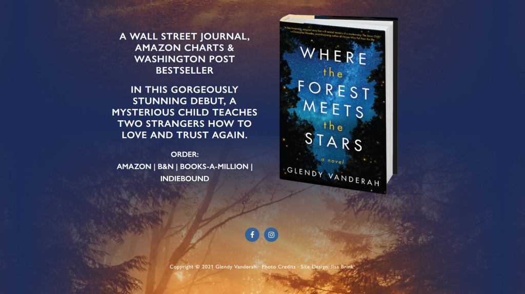 A screenshot of the Glendy Vanderah author website homepage, with her book Where the Forest Meets the Stars on display. 