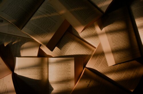 Multiple books layered one over the other.