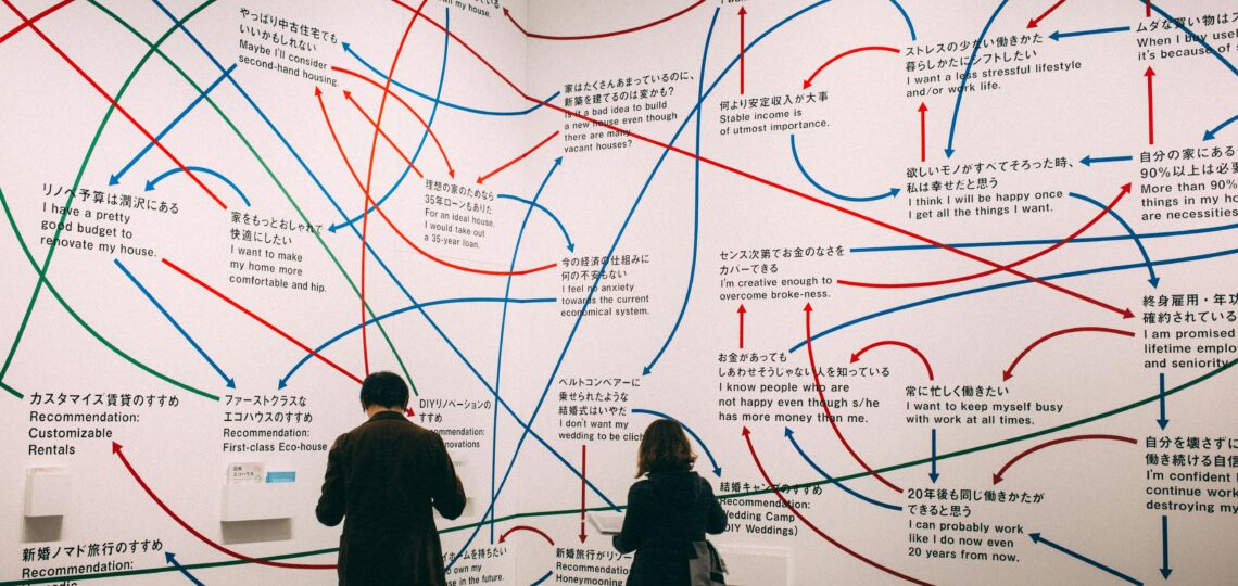 A man and a woman stand in front of a white wall full of phrases, with blue and red lines drawn between them, connecting them this way and that.